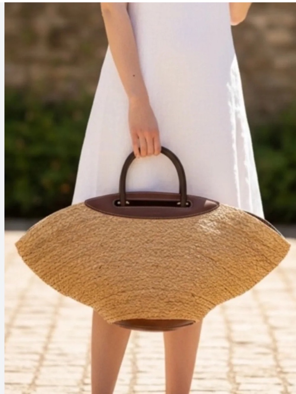 CULT GAIA Straw Dome Tote Bag with Brown Leather Trim